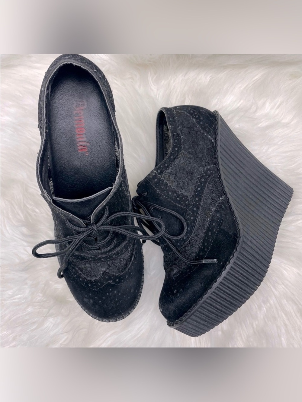 Demonia Gothic Black Lace Platform Creeper Wedges